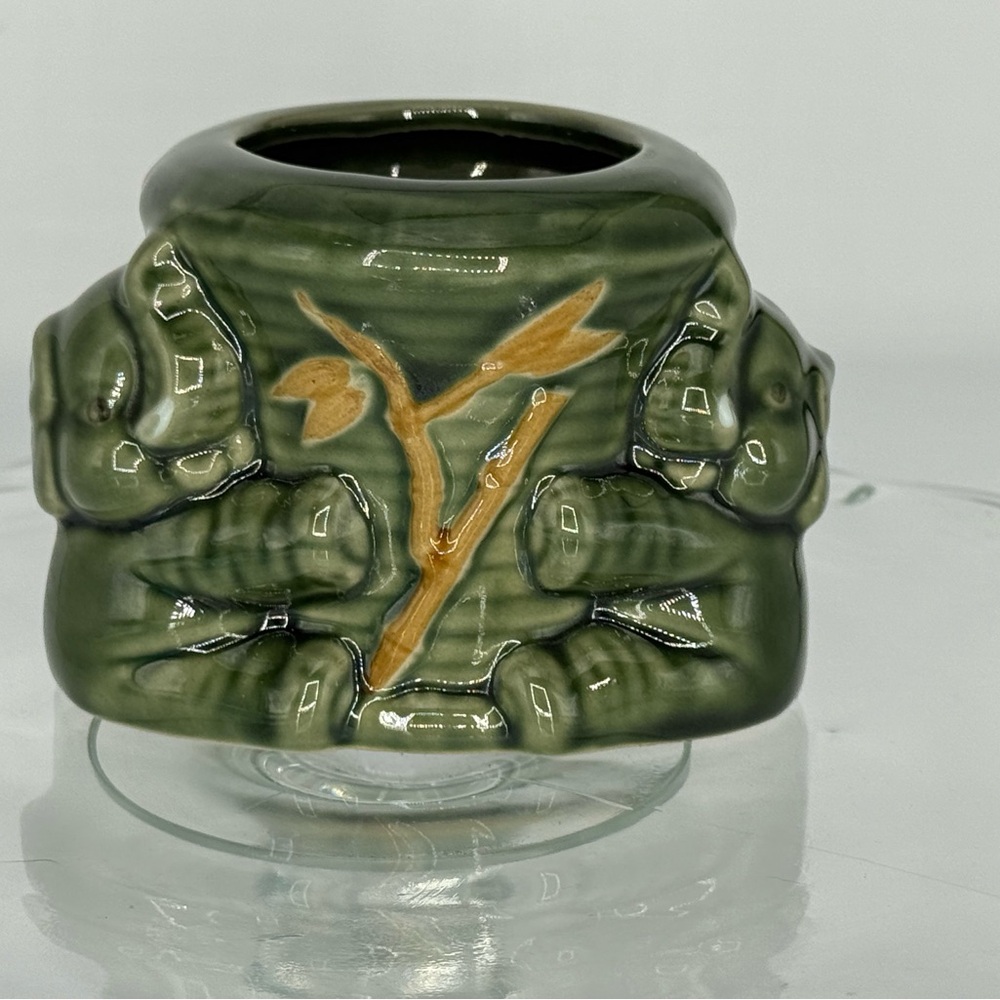 Vintage Chinoiserie Majolica Elephant Green Ceramic Planter, 4 1/2” x 3”